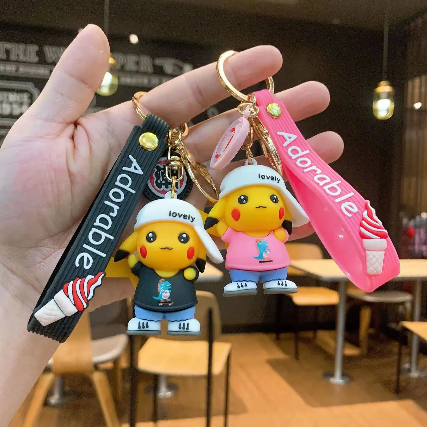 Creative Cartoon Anime Baseball Cap Pikachu Doll Keychain Pendant Cute Girl's Backpack Small Gift Ornaments