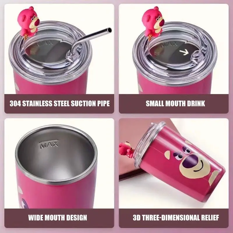 Tumbler Gelas Stainless Love Bear Karakter Mug Kopi Coffe Lucu 500ml/ Tumbler Lotso Straw Cup Bear Termos 500ML Strawberry Bear Baja Cangkir tumbler  lotso 2