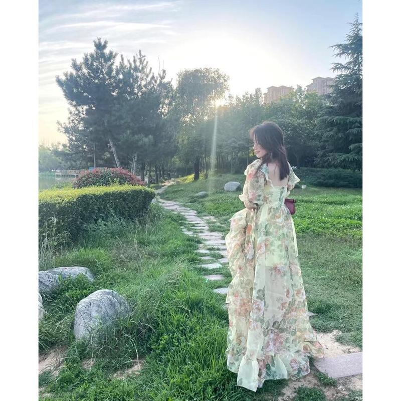 Product Introduction of Dress Women's Formal French Gentle Bubble Sleeve Split Flower Length 24
