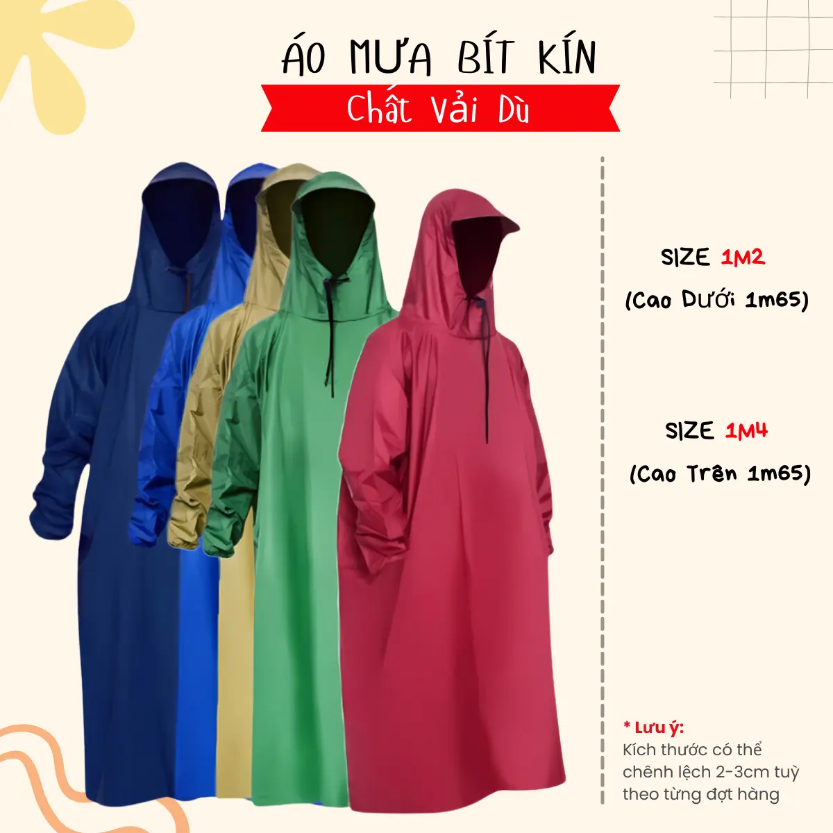 Áo Mưa Bít Kín Vải Dù Chống Thấm Trùm Toàn Thân Thời Trang Đi Xe Máy Tiện Dụng Size 1m6 Tính Từ Đỉnh Đầu