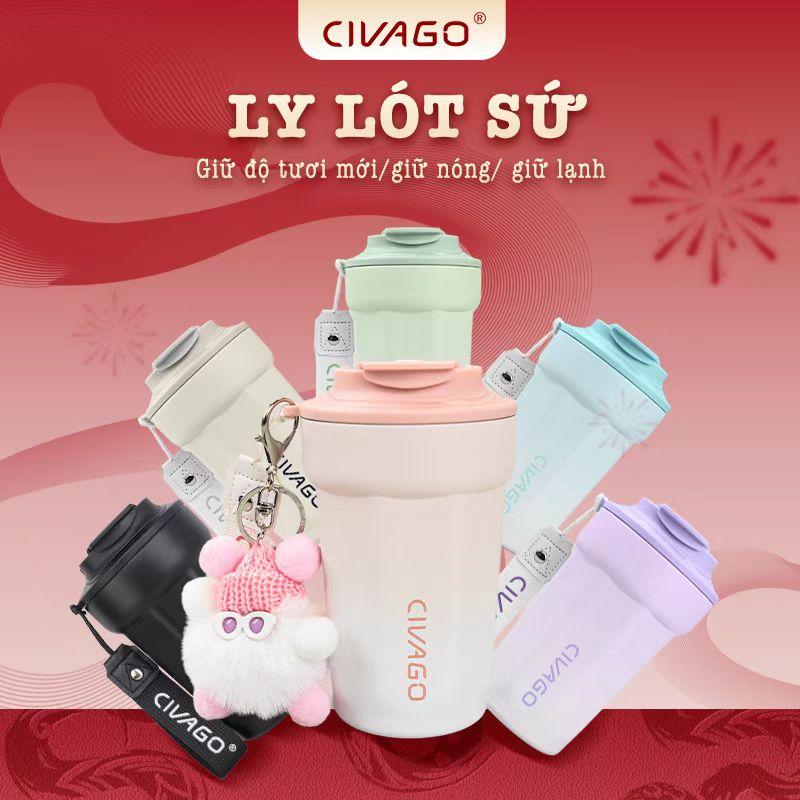 Ly Cà Phê Giữ Nhiệt CIVAGO lót sứ dung tích 380ml giữ nóng 8 giờ giữ lạnh 18 giờ có nắp chống tràn thép không gỉ 304 cao cấp