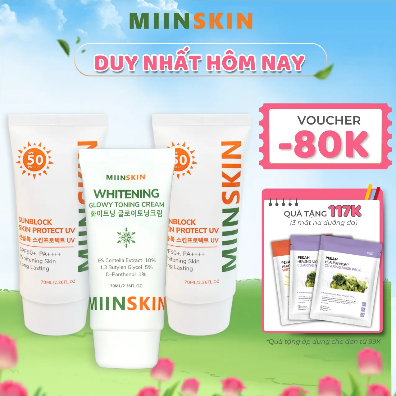 COMBO 2 Kem chống nắng + 1 Kem dưỡng hỗ trợ nâng tone MIINSKIN