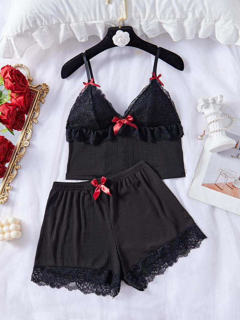 Product Introduction of Women's Plain Bow Decor Crop Cami Top & Lace Trim Shorts Pyjama Set, Casual Comfy Spaghetti Strap Camisole & Elastic Waist Shorts PJ Set, Ladies Sleepwear for All Seasons 1
