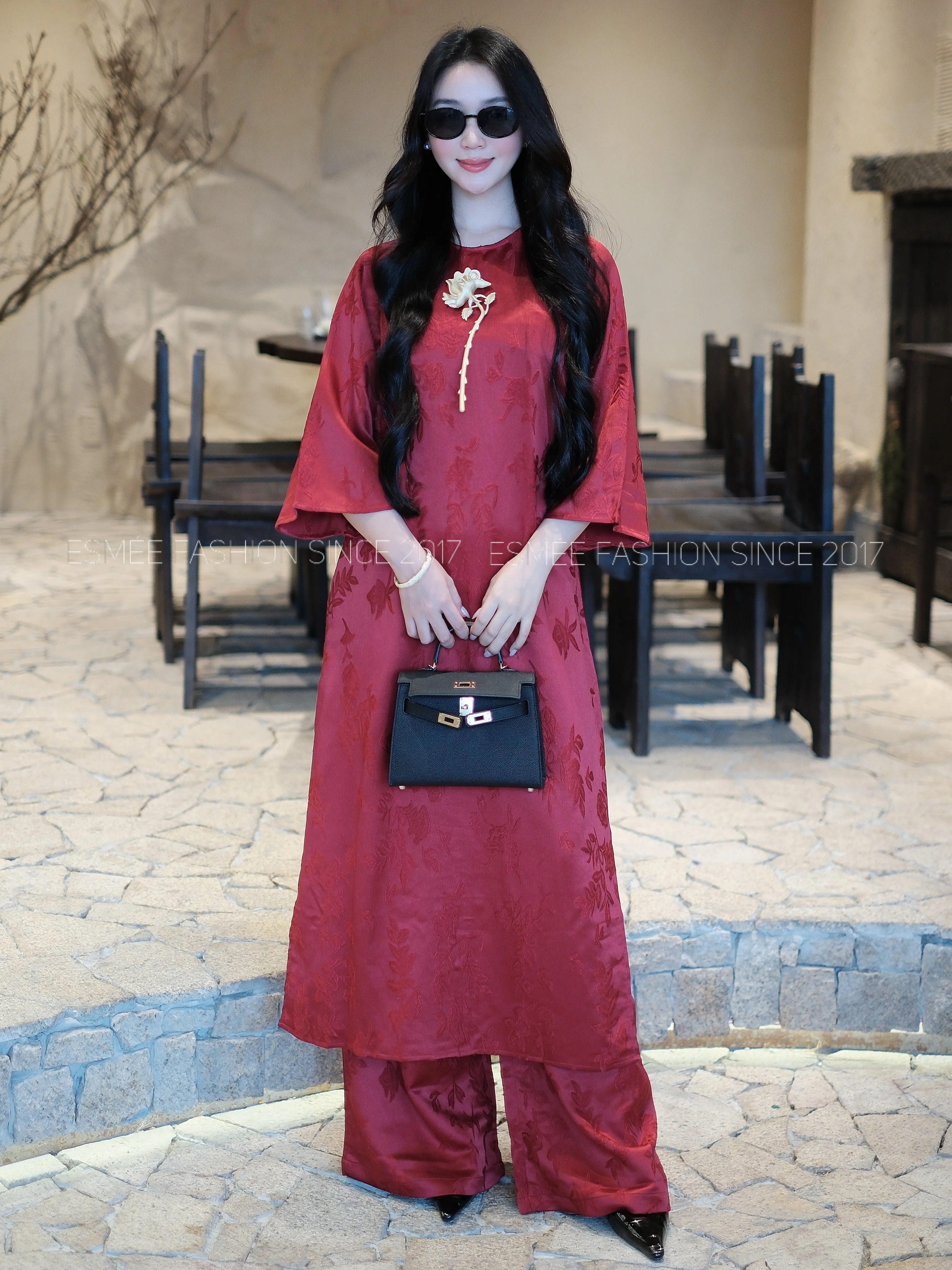 Set Áo Dài Thẩm Vi Xuân Gấm Lụa Hoa Thêu Nổi - Esmée