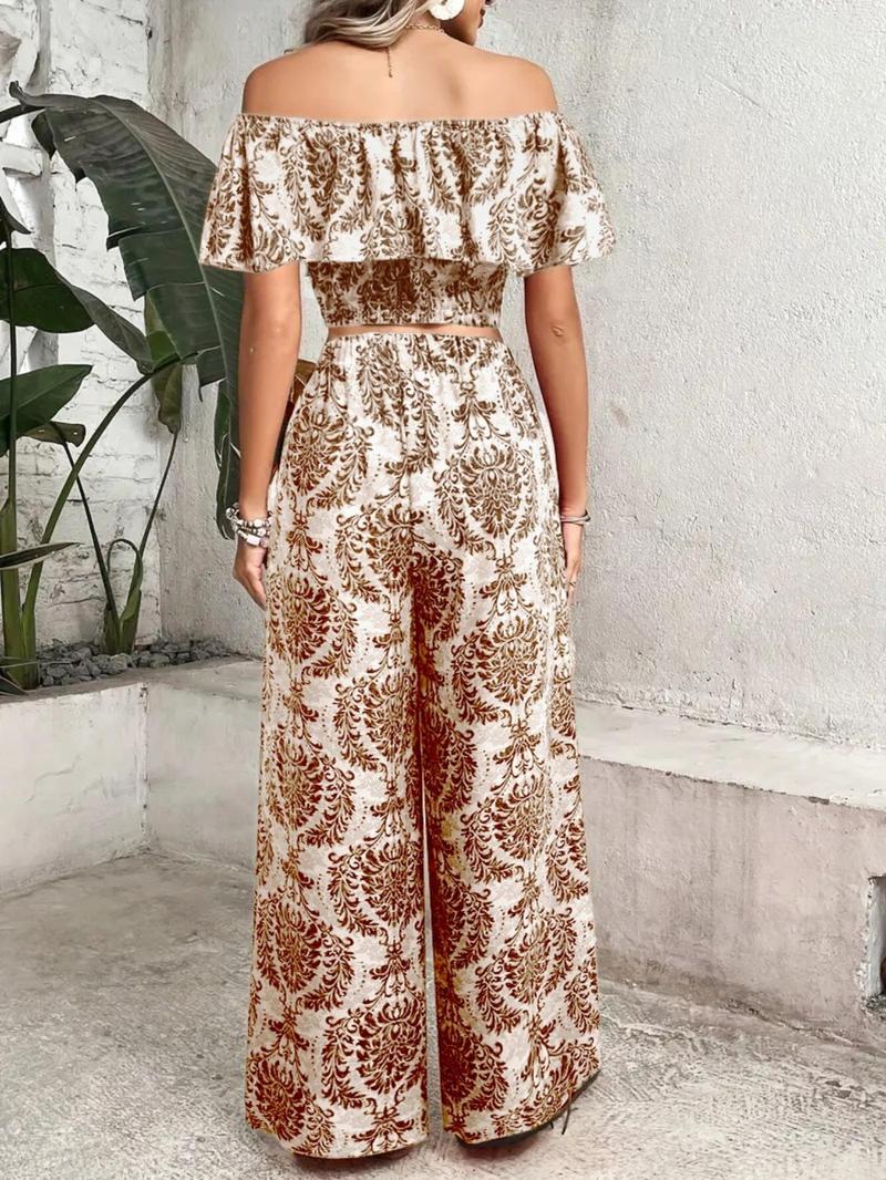Product Introduction of Women's All Over Print Off Shoulder Top & Wide Leg Pants Set, Casual Fashion Two-piece Set for Summer, Women's Clothing for Daily Wear 6