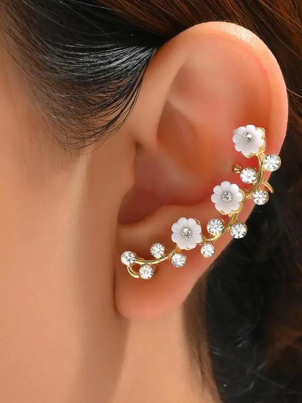 Jasmine Flower Design Ear Cuff, Fashionable Earrings for Women & Girls, Trendy All-match & Exquisite Jewelry for Birthday Gift 0