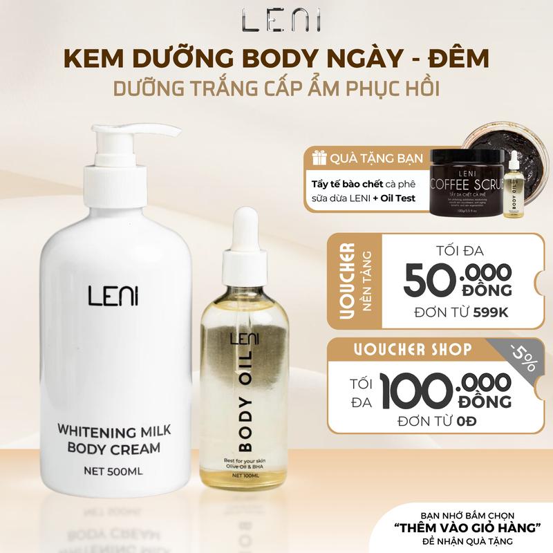 [Tặng 1 TẩyTBC] COMBO SIÊU DƯỠNG TRẮNG: KEM BODY VÁNG SỮA 500ML & BODY OIL LENI Làm Đẹp Da