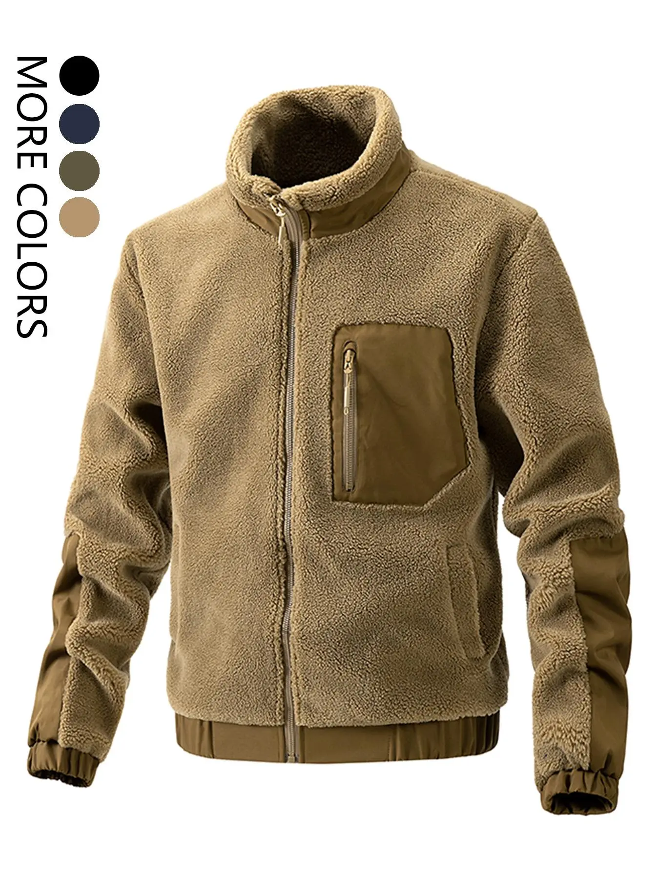 Men's Solid Pocket Zip Up Polar Fleece Jacket, Regular Fit Casual Long Sleeve Stand Collar Outerwear for Fall & Winter, Men's Clothes for Daily Wear