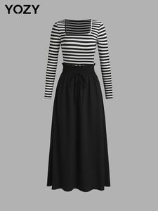 YOZY Women's Striped Print Frill Trim Drawstring Waist A Line Dress, Casual Long Sleeve Square Neck Dress for Daily Wear, Ladies Bottoms for All Seasons
