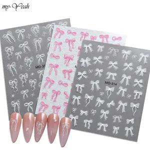 Monja Stiker Kuku 3D Embossed Bowknot Kupu-kupu Pink Putih MO-314 DIY Manicure Decorasi Salon Self Adhesive Decals Sliders Engrave