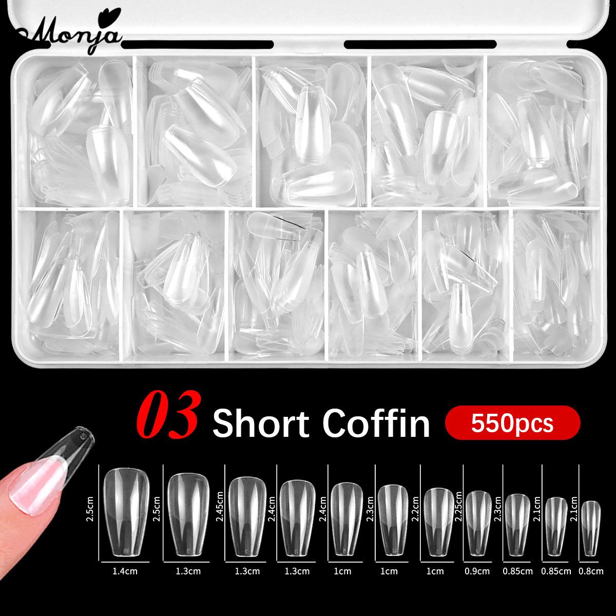 Monja 550Pcs Kuku Palsu Matte Extension Tips Frosted Coffin Almond Oval Square Soft Gel Tips Acrylic Manikur Buatan dengan 6 Bentuk Kuku