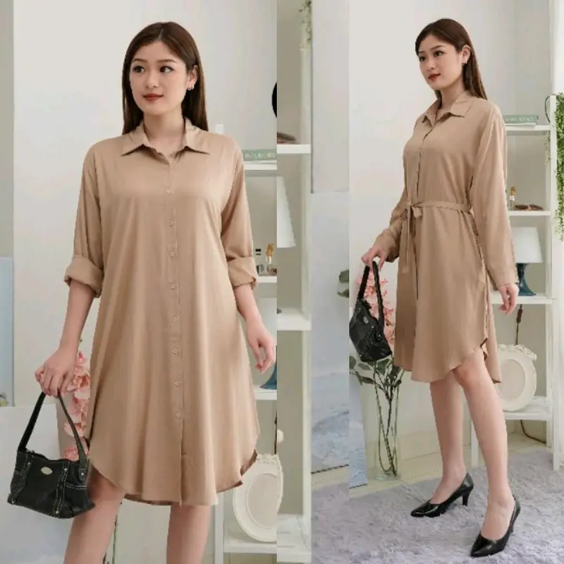 Tunik Kemeja Basic Polos Wanita Bahan Adem dan Nyaman Dipakai Pas untuk Kuliah, Hangout, atau Kerja - Azka Collection - Kain Shakila Lembut Busui Muslim jumbo Tangan Panjang 0