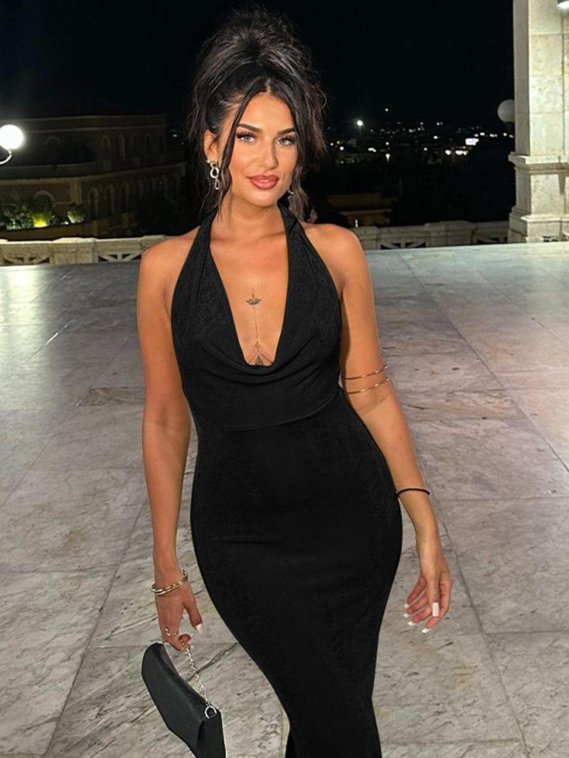 Product Introduction of Women's Solid Backless Halter Dress, Sexy Fashion Tie Back Evening Gown, Party Club Dating Holiday Long Dresses 3