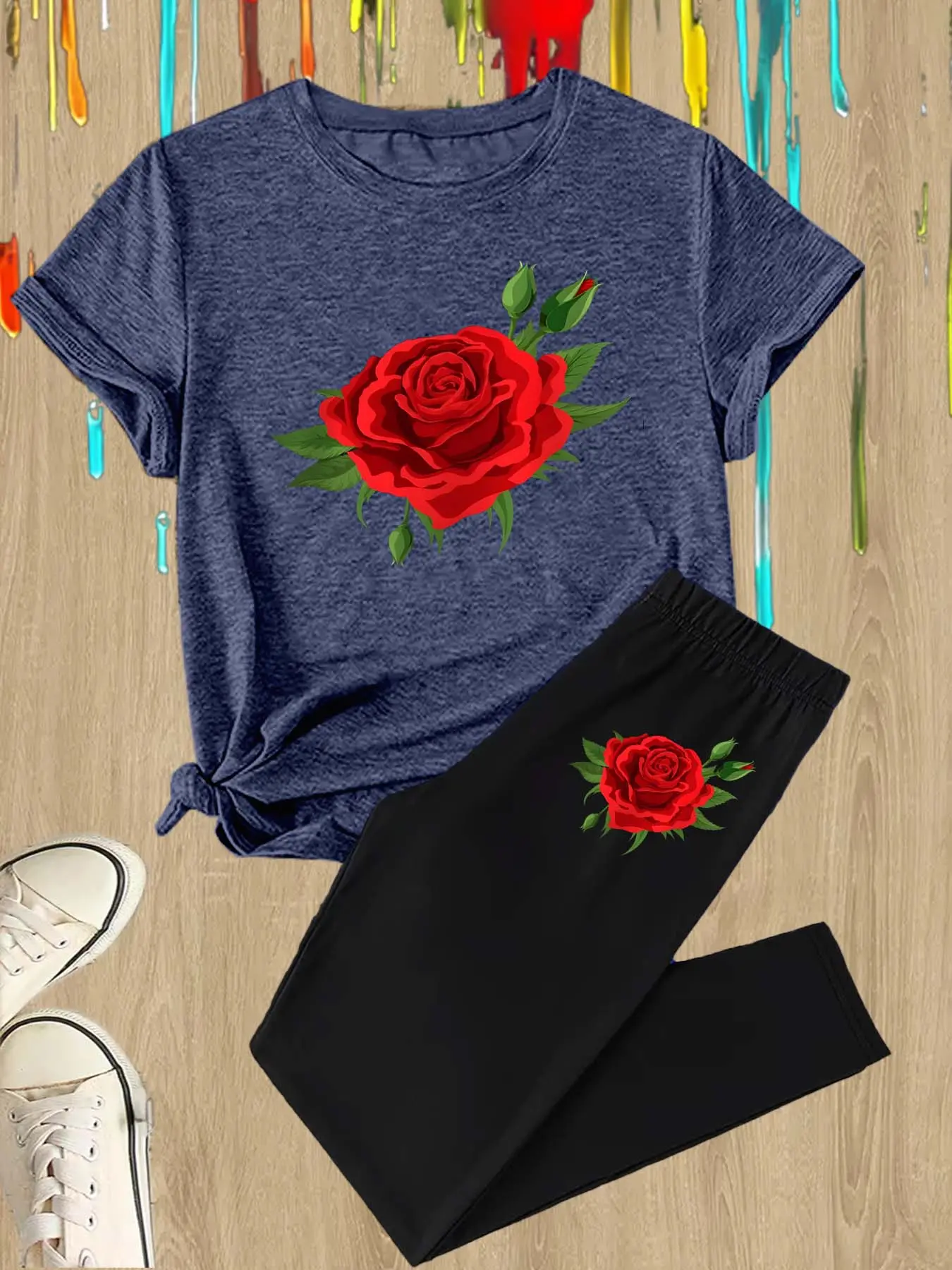 【Plus Size】 Rose Print Tee & Skinny Pants Set, Casual Round Neck Short Sleeve T-shirt & Trousers, Women's for Daily Wear Valentine's Day, gift