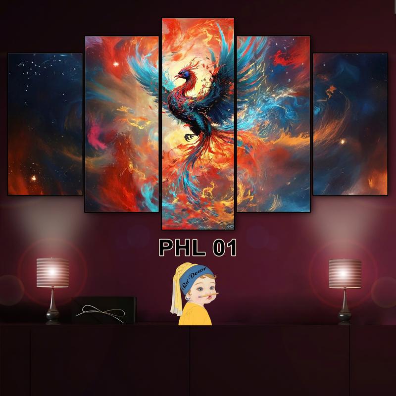 Tranh Phượng Hoàng Lửa - Bộ Ghép 5 Tấm Dán Tường Fomex 5mm Trang Trí Nhà Cửa, Decor Phòng Khách, Phòng HHHọc.
