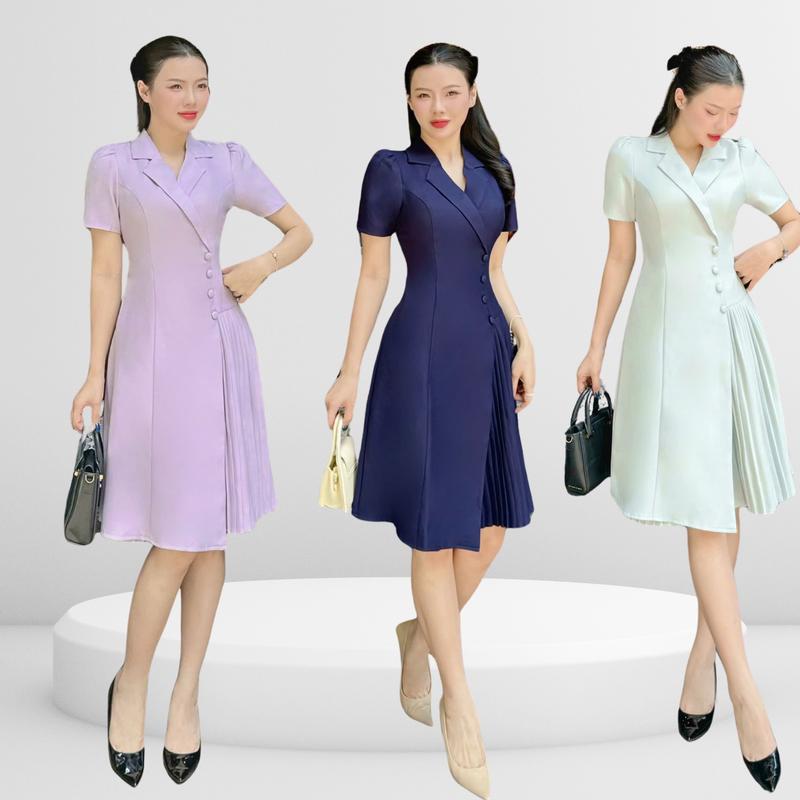  Đầm vest công sở Nữ thiết kế Nhật Vy tay ngắn dập ly chất lụa phù hợp đi làm dự tiệc sang trọng - D3075 Dress Women 