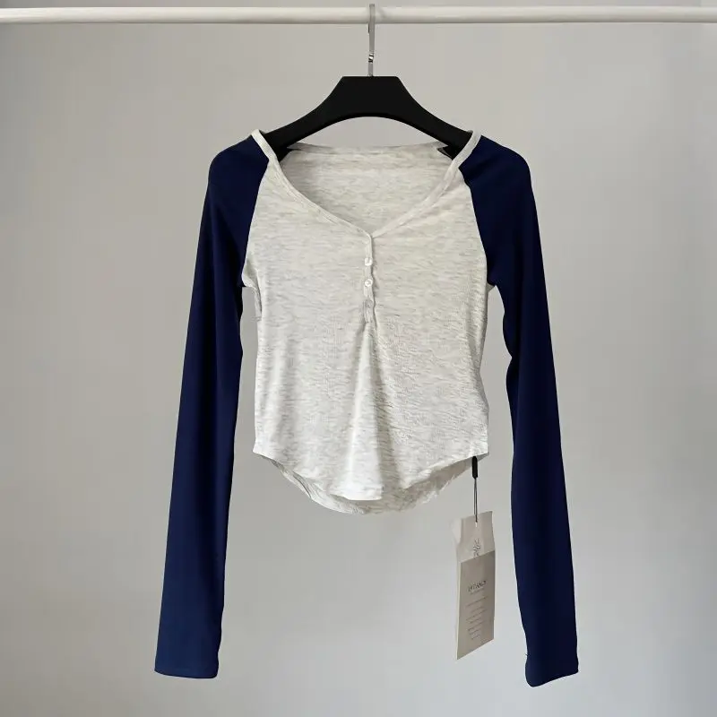 y2k hot girl Pure Hot Girl Sexy V-neck off-Shoulder Contrast Color Sports T-shirt Top Women's European and American Cropped Long Sleeve Bottoming Shirt