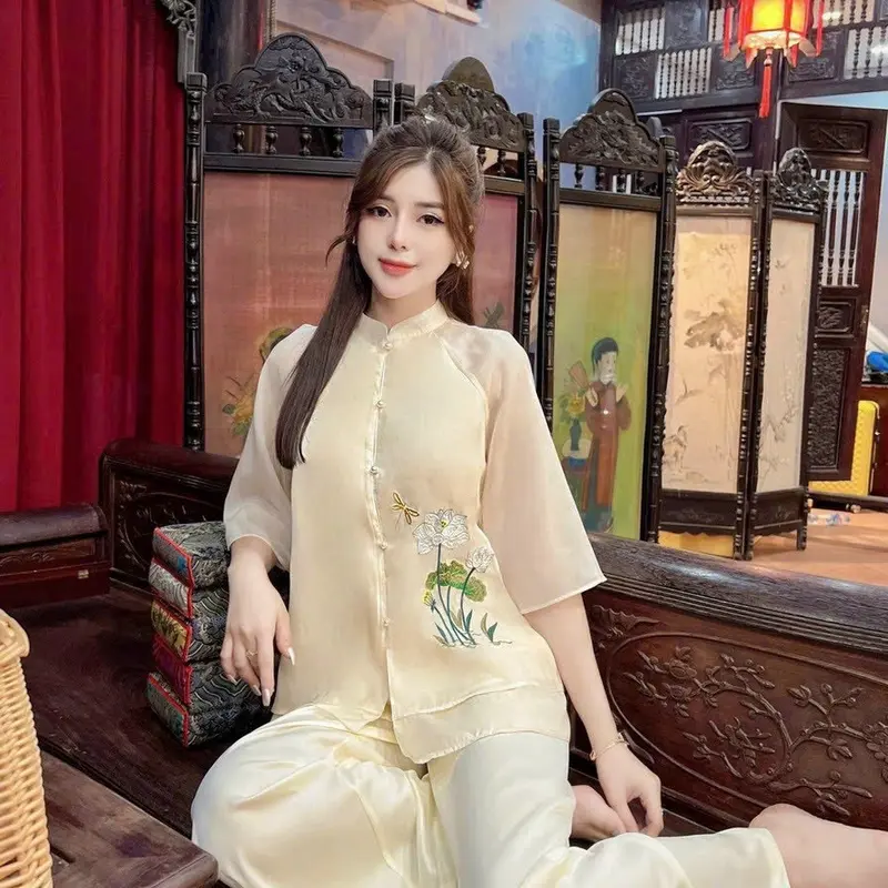 Bộ pháp Phục Linh Đan, Bộ quần áo đi chùa chất liệu tơ 3 lớp thêu hoa thanh đình Nữ 5