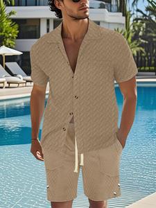 Two-Piece Set Men's Solid Jacquard Short Sleeve Shirt & Drawstring Waist Shorts, Regular Fit Casual Button Front Top & Pocket Shorts, Men's Summer
