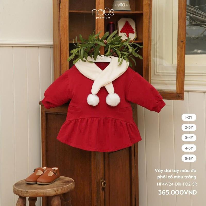   KOL Nous Xmas  Váy dài tay Nous màu đỏ phối cổ màu trắng cho bé gái đi chơi Noel Tết từ 1-6 tuổi 