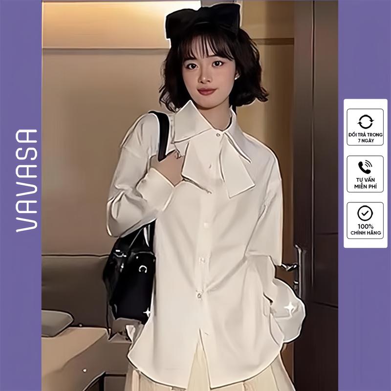 Áo sơ mi nữ dài tay phối nơ liền tà chất vải không nhăn cao cấp VAVASA SM122