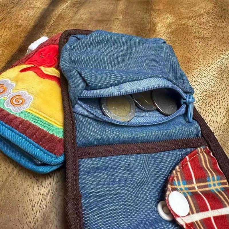 Ví Vải Bố, Thiết Kế Dễ Thương, Kiểu Ngắn, Có Khóa Kéo, Gấp Nhỏ Chất Liệu Denim Và Vải Nhung Kẻ, Ngăn Đựng Thẻ, ví đựng tiền Xu Ví Cầm Tay Hoạt Hình, Năm 2024 5
