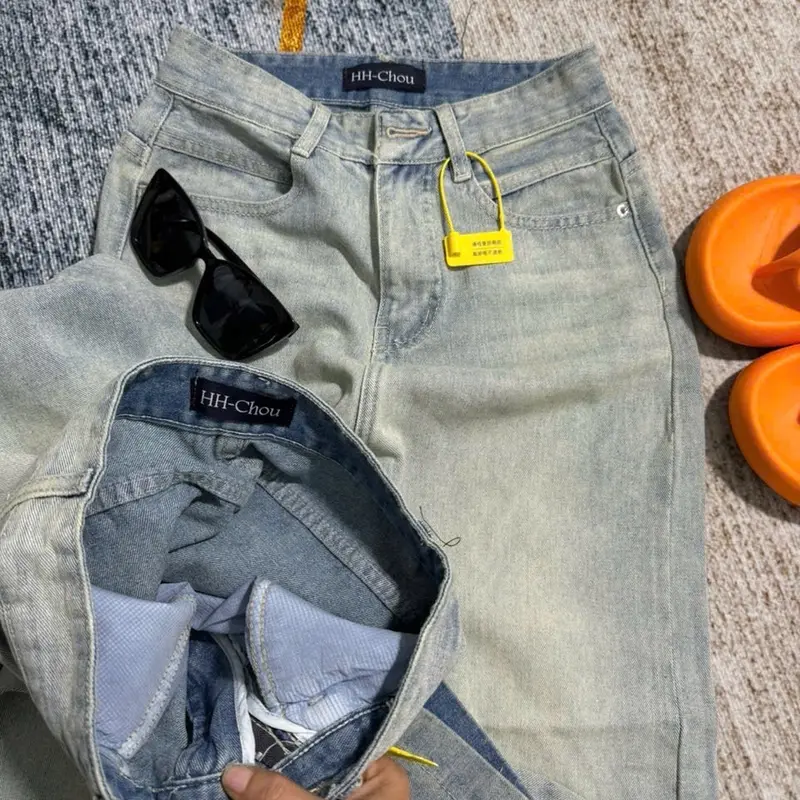 (S-2Xl )HHCHOU Quần Jeans Ống Suông Đứng Bản Lai To Chất Vải QC Mềm H332 Women Pants Kem 3