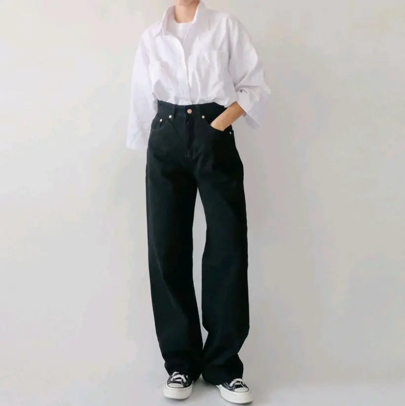 Highwaist Kulot Jeans Wanita Loose BLACK
