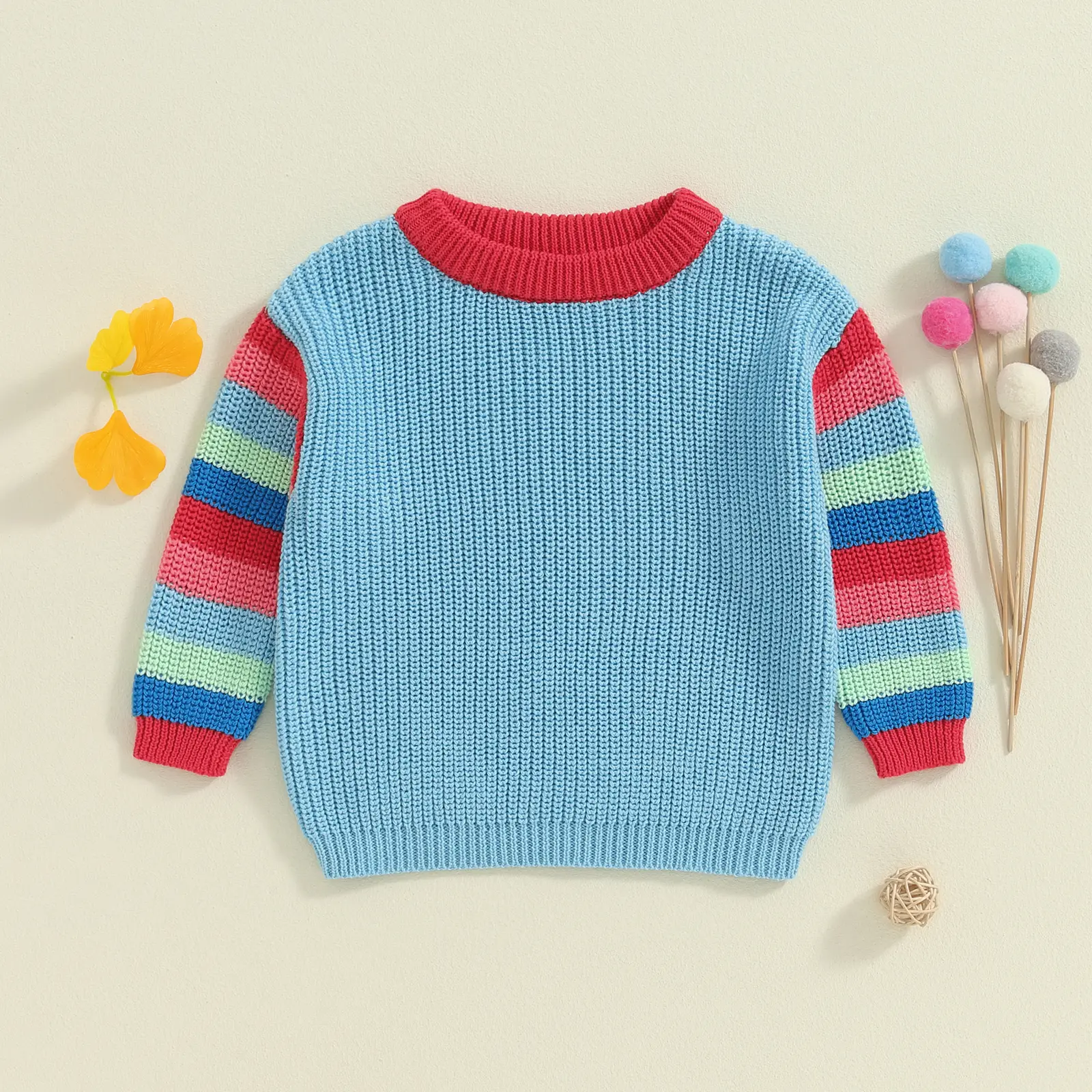 Baby Boy Girl Knit Sweater Casual Colorful Striped Crew Neck Long Sleeve Pullover Tops for Fall
