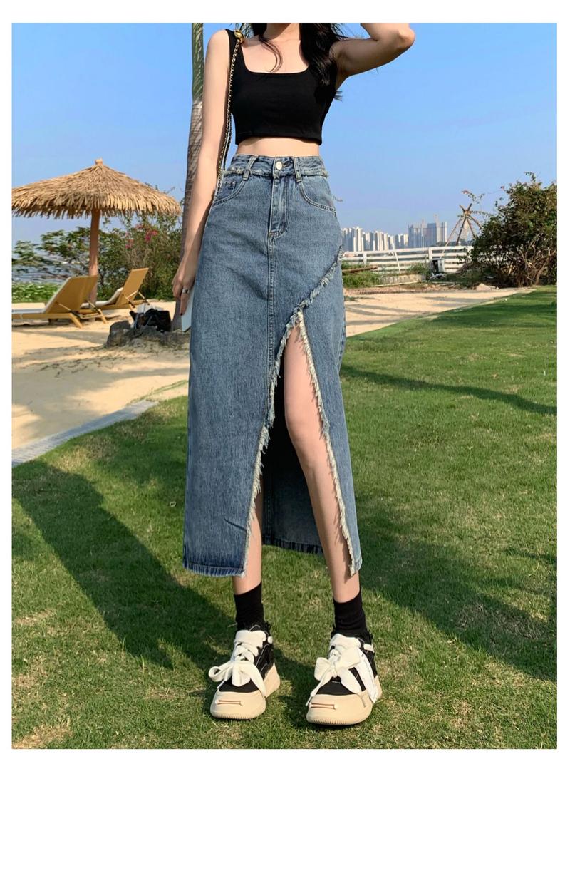 Product Introduction of Tassel denim mid-length spring and autumn 2023 new style raw edge high waist slimming fashionable all-match trendy long skirt 14