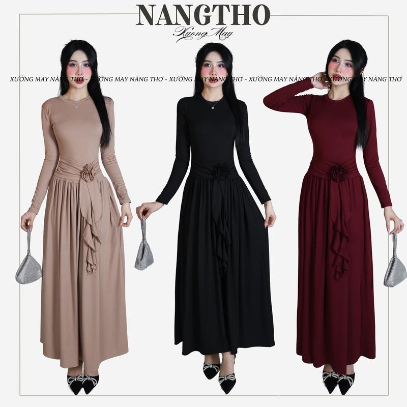 T328 Đầm Dáng xoè Nhúng Eo Tua Rua Hoa Khóa Kéo Thun Gân Co Giãn Nữ Nhung Women Kem