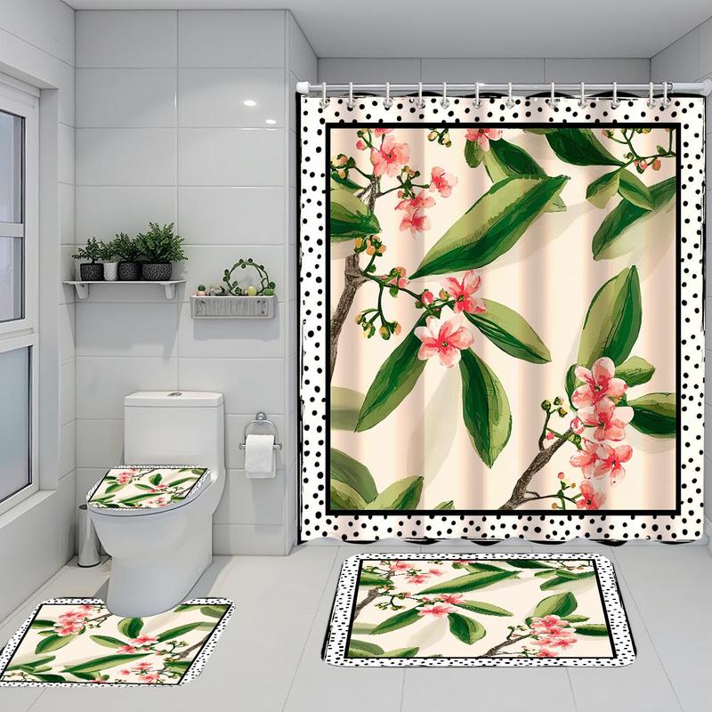 Floral Pattern Bathroom Curtain Set, 1 Set Waterproof Shower Curtain with Hooks/Oxford Floor Mat/U-shaped Mat/Toilet Lid Cover, Bathroom Decor Supplies 3