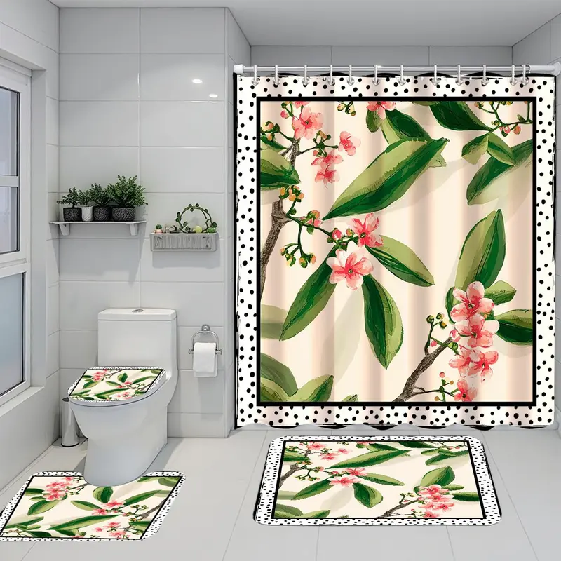Floral Pattern Bathroom Curtain Set, 1 Set Waterproof Shower Curtain with Hooks/Oxford Floor Mat/U-shaped Mat/Toilet Lid Cover, Bathroom Decor Supplies 3