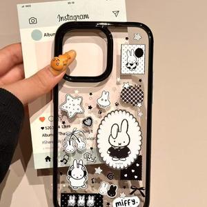 Summer Cute Black Retro Miffy Rabbit Bow Suitable for Apple 16/15/14/13 Black Frame Anti-fall Phone Case
