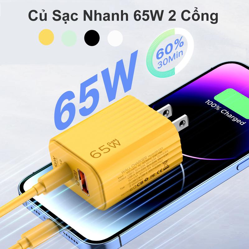 Củ Sạc Nhanh 65W 2 Cổng Cao Cục Sạc USB C Cho iPhone Samsung Huawei Xiaomi Oppo Chất Lượng Bảo Hành 12 Tháng