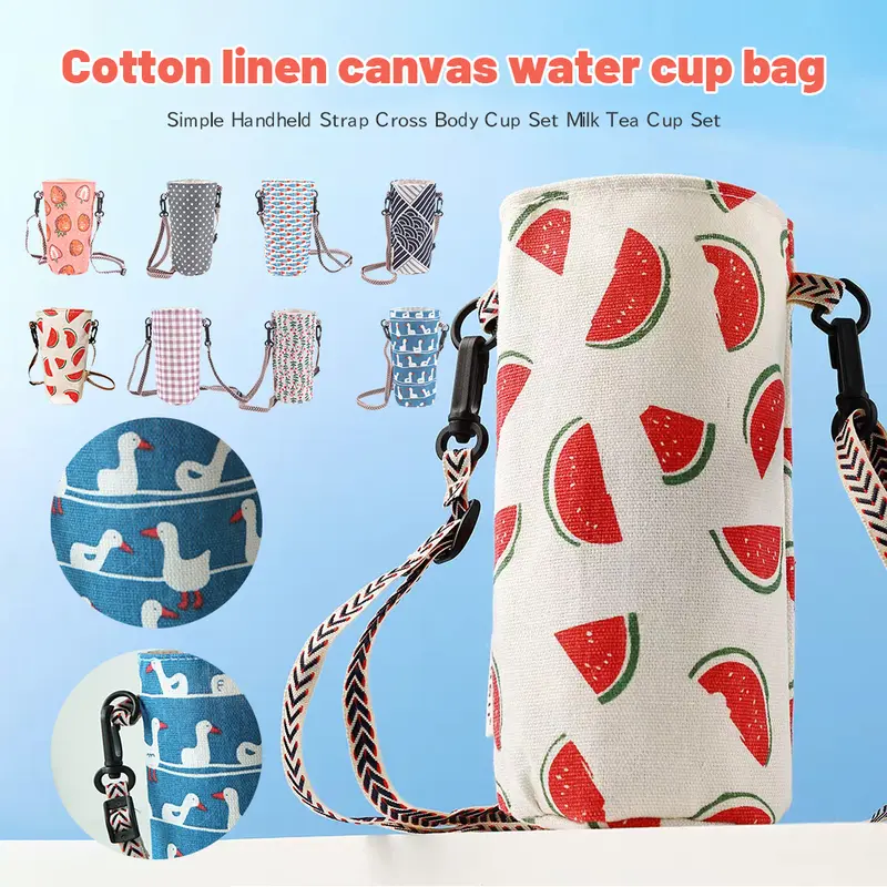 Túi Đựng Cốc Đeo Chéo Đeo Vai Có Tay Cầm Thời Trang, Túi Đựng Chai Có Thể Điều Chỉnh Cầm Tay Làm Bằng Vải Lanh Và Cotton, 1 Chiếc 5