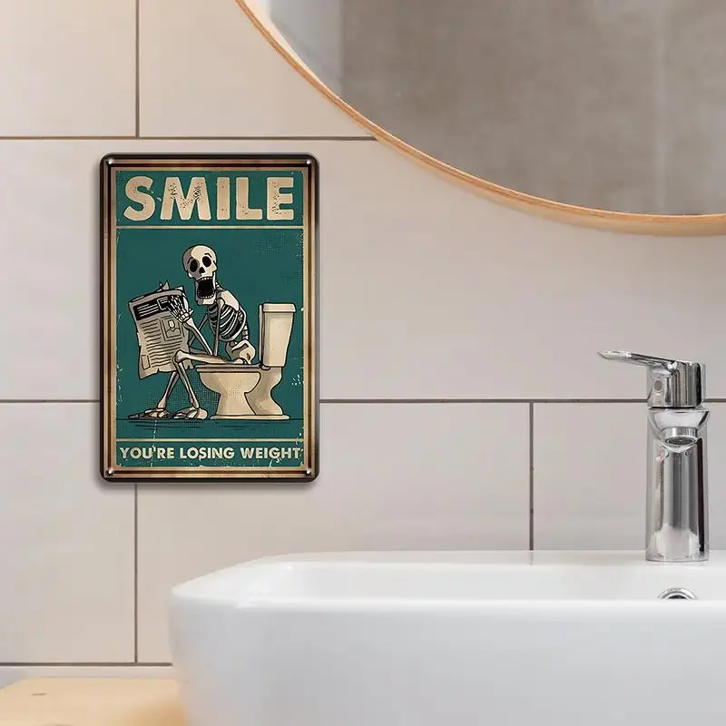 Skeleton Reading Newspaper Toilet Sign, 1 Count Metal Tin Sign, Wall Art for Home, Restaurant, Bar & Garage Decor 3