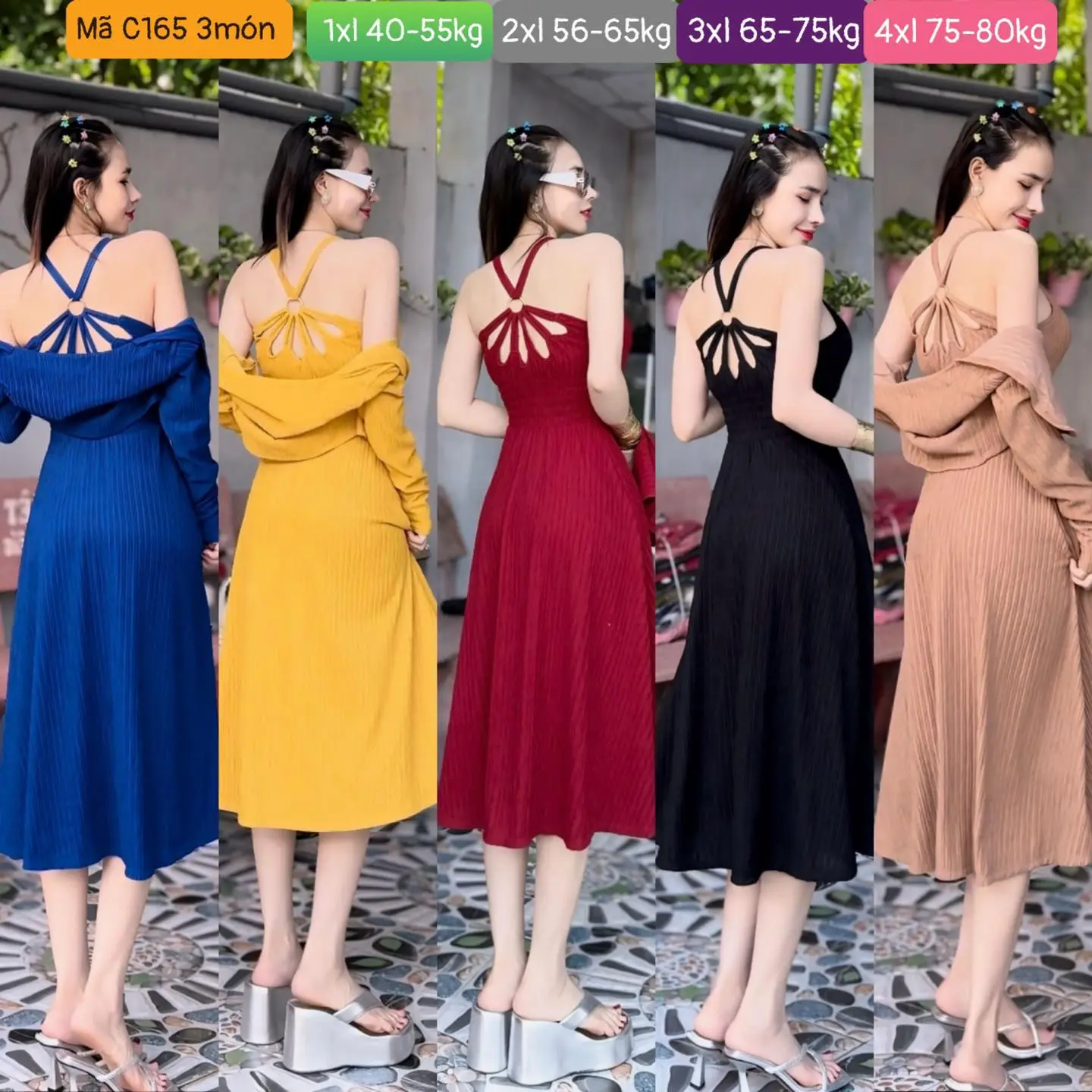 TH31 - SÉT ĐẦM MAXI DÀI - DÂY KHOEN CHÉO, LƯNG NHÚN THUN KÈM QUẦN + ÁO KHOÁC Women Kem Nhung Dress Vàng