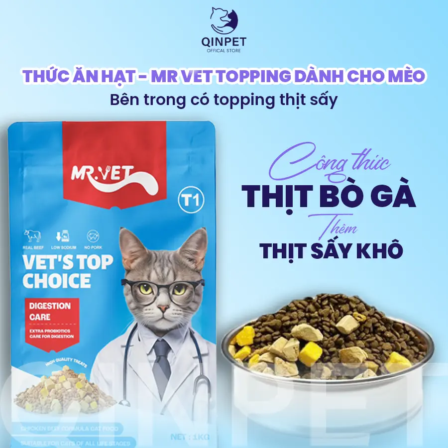 Thức Ăn Cho Mèo Mr.Vet - Đạm Cao Từ Thịt Gà & Bò | Dành Cho Mèo Con, Mèo Trưởng Thành, Mèo Mang Thai