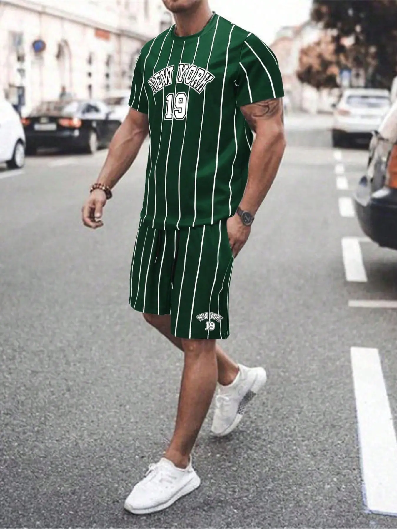 Two-Piece Set Men's Letter Print Short Sleeve Tee & Striped Print Shorts, Regular Fit Casual Round Neck T-shirt & Drawstring Waist Shorts, Summer Clothes Set for Men