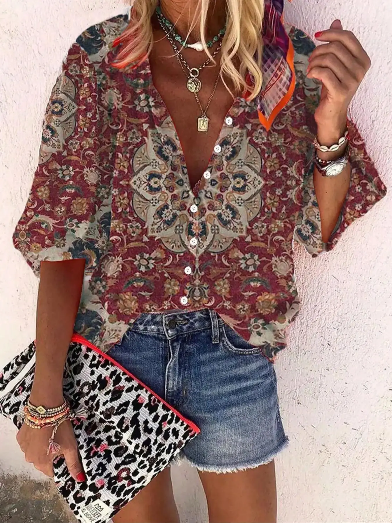 Women's All Over Ethnic Pattern Button Front Blouse, Casual 3/4 Sleeve Mock Neck Top for Daily Wear, Ladies Clothes for All Seasons