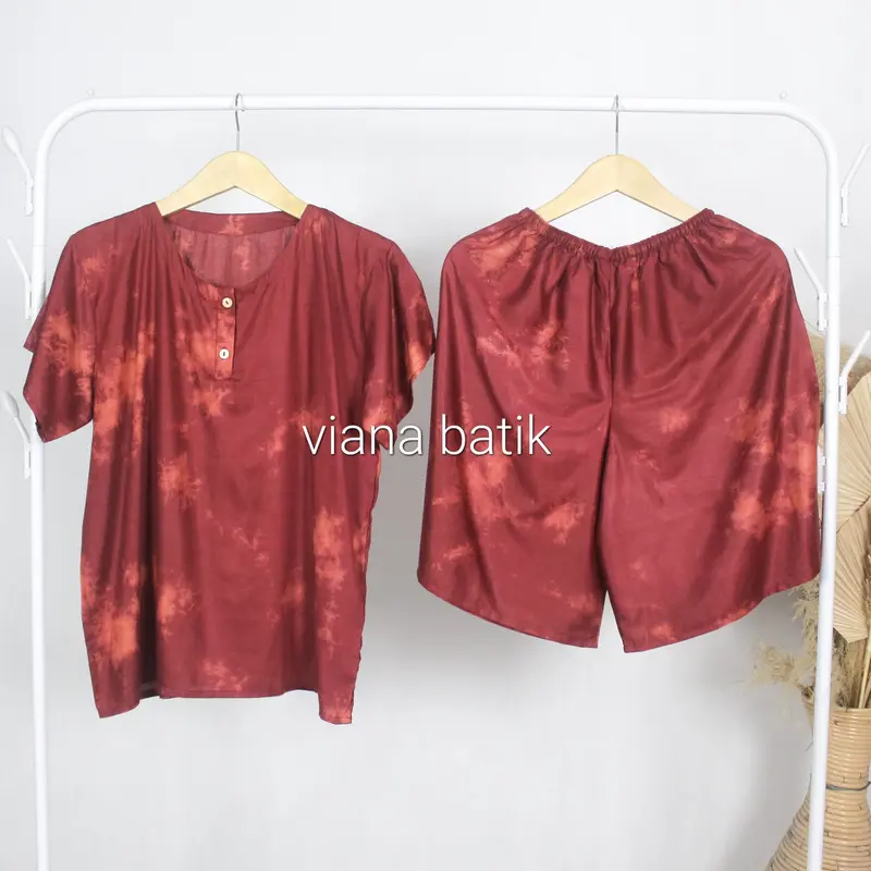 Setelan Baju Tidur Wanita Piyama Celana Pendek Motif Tie Dye Asap Bahan Rayon 4
