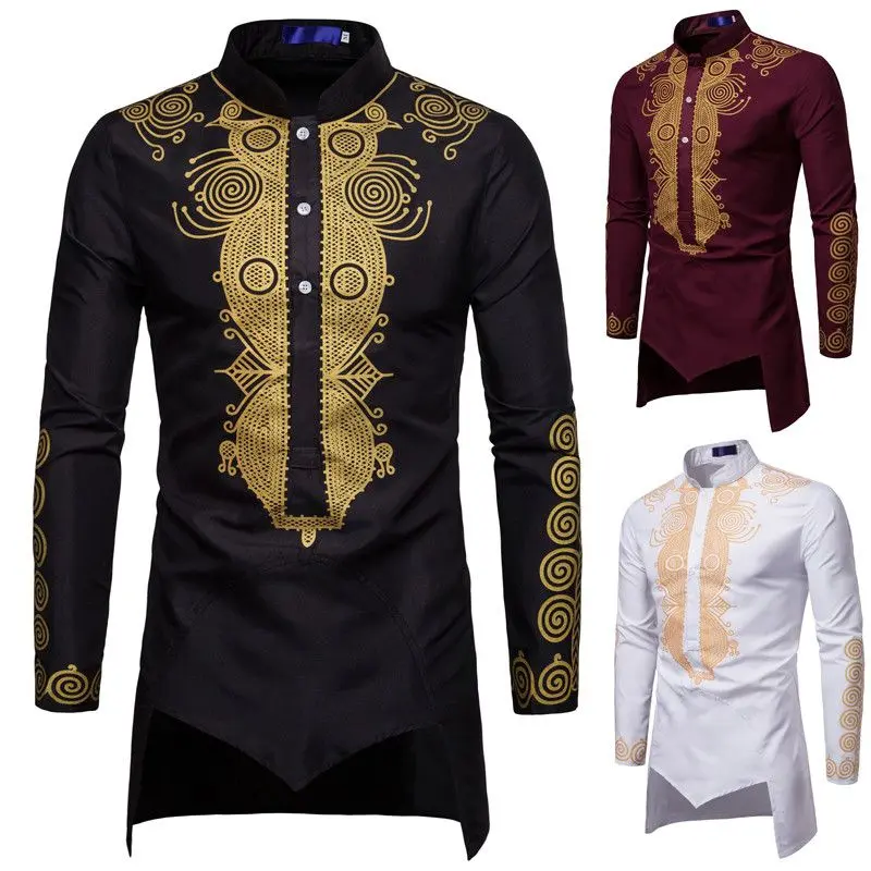 Indian Men's Ethnic Style Golden Printing T-shirt Shirt Korean Style Slim Fit Trendy Handsome Summer Retro British Style