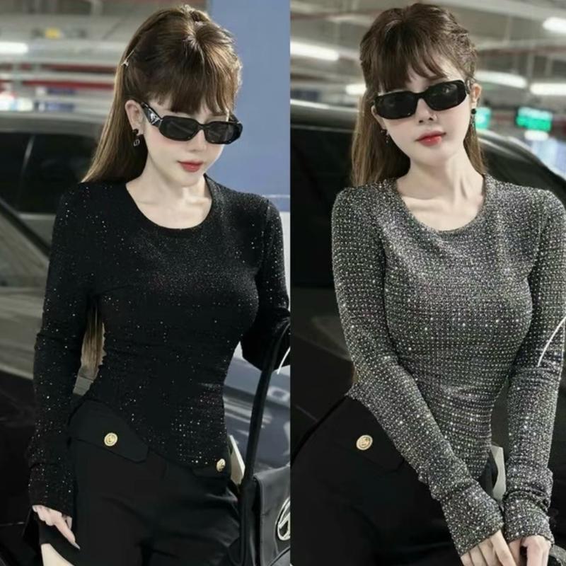 Áo Bling Đính Đá Sang Chảnh Fullsize :45-85 kg 2 màu xám - đen . Cổ tròn Nữ Women Top