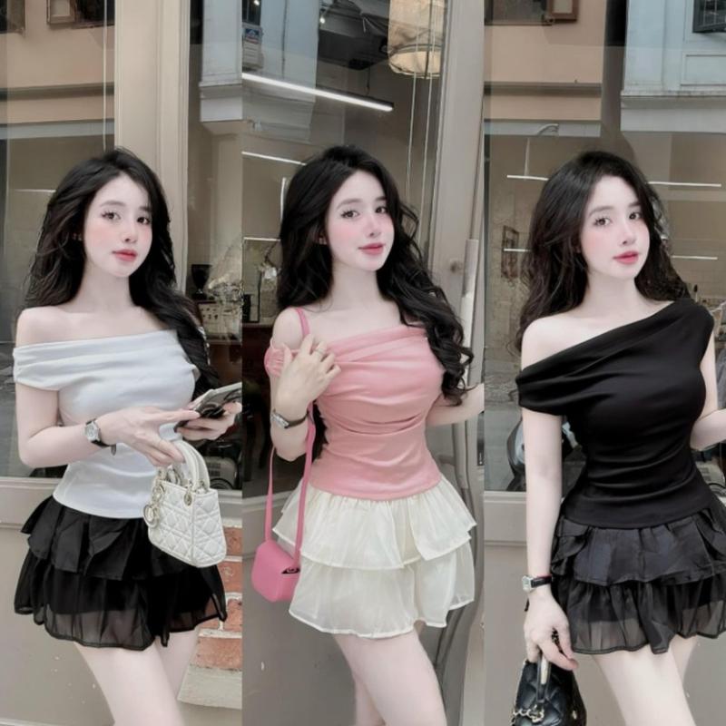 Set váy nữ áo tăm lạnh tay ngăn trễ vai mix chân váy ren tầng dáng xòe sang chảnh dành cho các nàng diên đi chơi,đi tiệc. Women Nhung Top