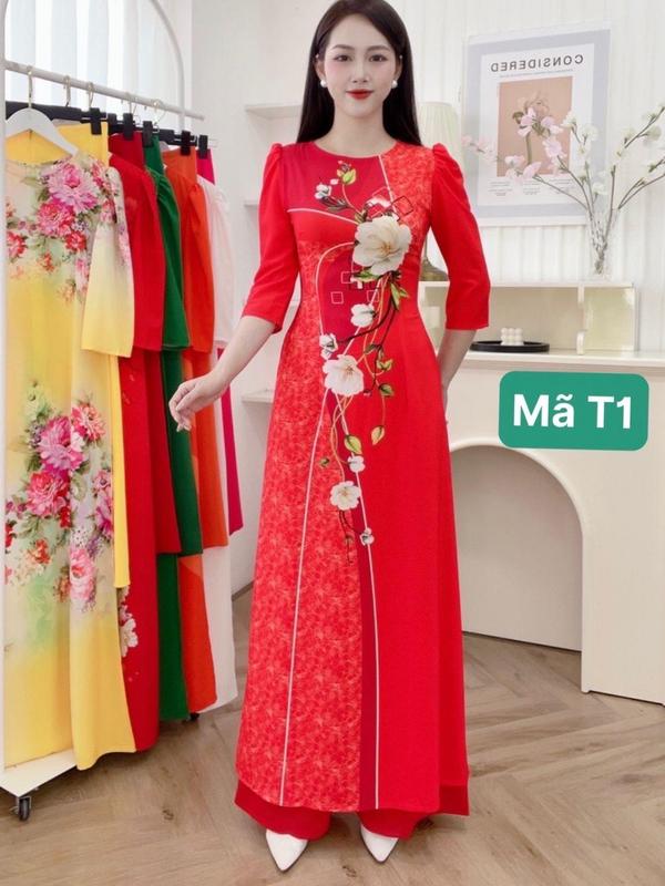 áo dài 3D màu đỏ tươi hot 2024 mã T1 lụa Habutai