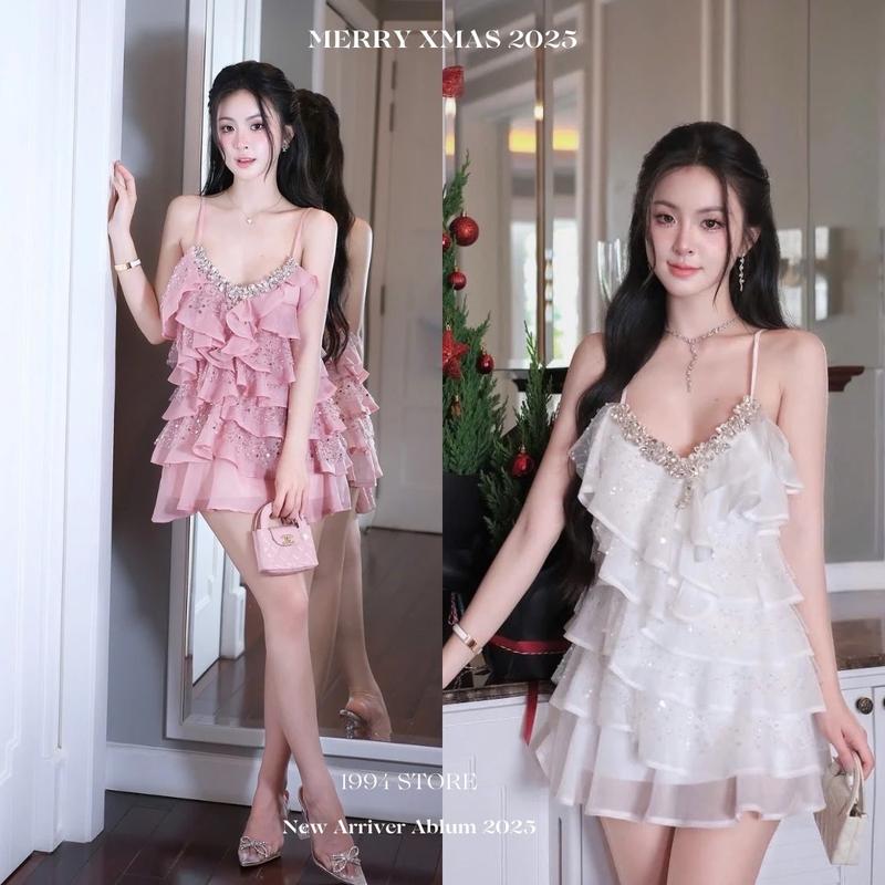 1994 STORE - Đầm thiết kế đi tiệc nữ,đầm kim sa cao cấp hai dây voan bèo tầng đính viền đá sang chảnh. Dress Women Trắng Váy 0