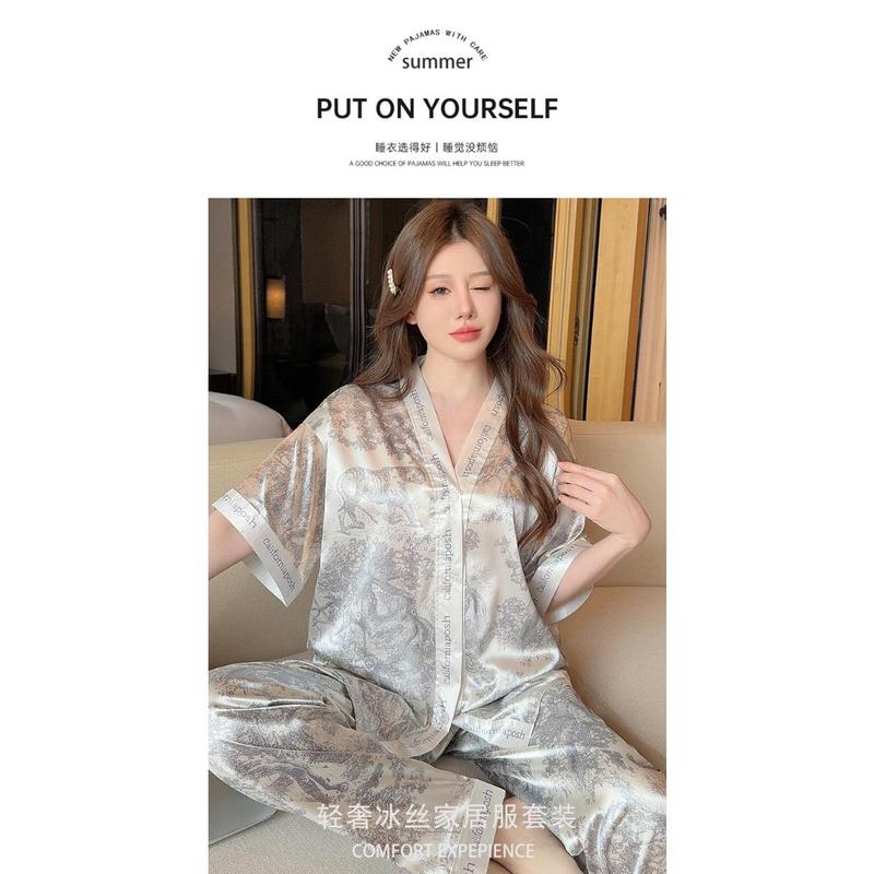 Bộ Đồ Ngủ Pijama Cao Cấp, Phong Cách Pháp, Quần Dài Ngắn Tay, Chất Liệu Lụa Lạnh Dành Cho Nữ, Thích Hợp Mặc Nhà, [Thanh Toán Khi Nhận Hàng] 6