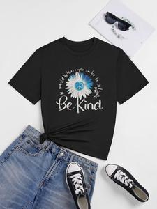 ImprinTee Women's Floral & "BE KIND" Letter Print Round Neck Tee, Vintage Trendy Casual Short Sleeve T-shirt for Daily Wear, Ladies All Seasons Outfit