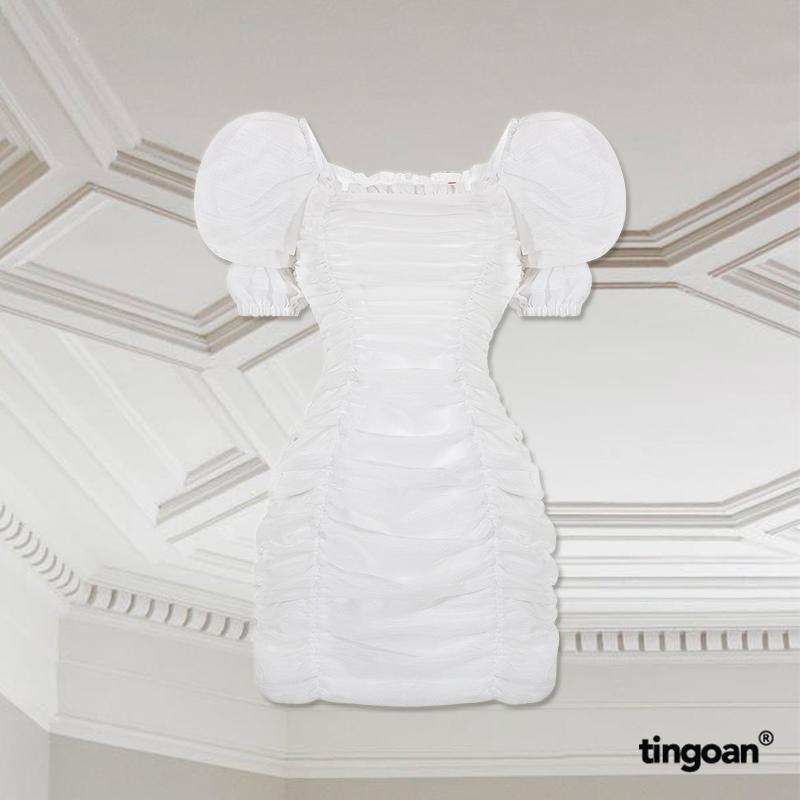 TINGOAN - Váy nhún 2 kiểu cổ vuông trễ vai organza chiết eo trắng ARIANA DRESS/WH